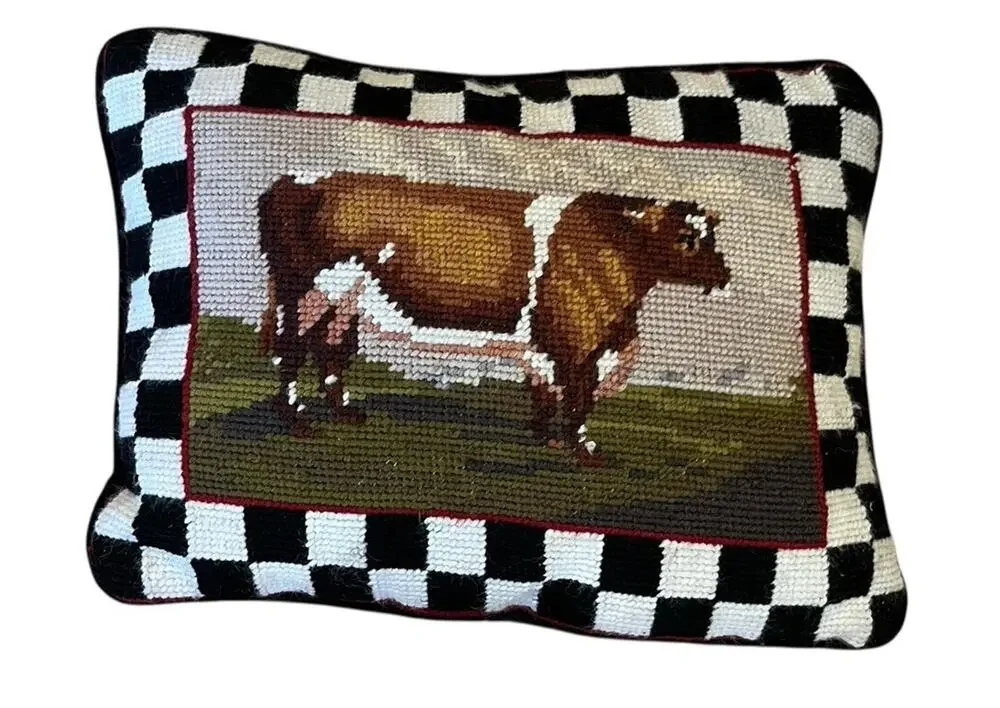 VTG Needlepoint Throw Pillow Cow Farm Cottage Checkered Velvet Small 11.5 x 6.5”
